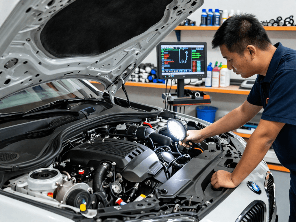 Professionelle BMW Werkstatt Hannover mit einem Mechaniker, der eine präzise Diagnose durchführt.