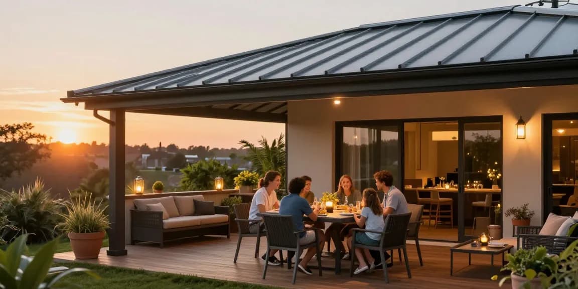 Moderne Terrassenüberdachungen schützen die Familie beim Essen im Freien.