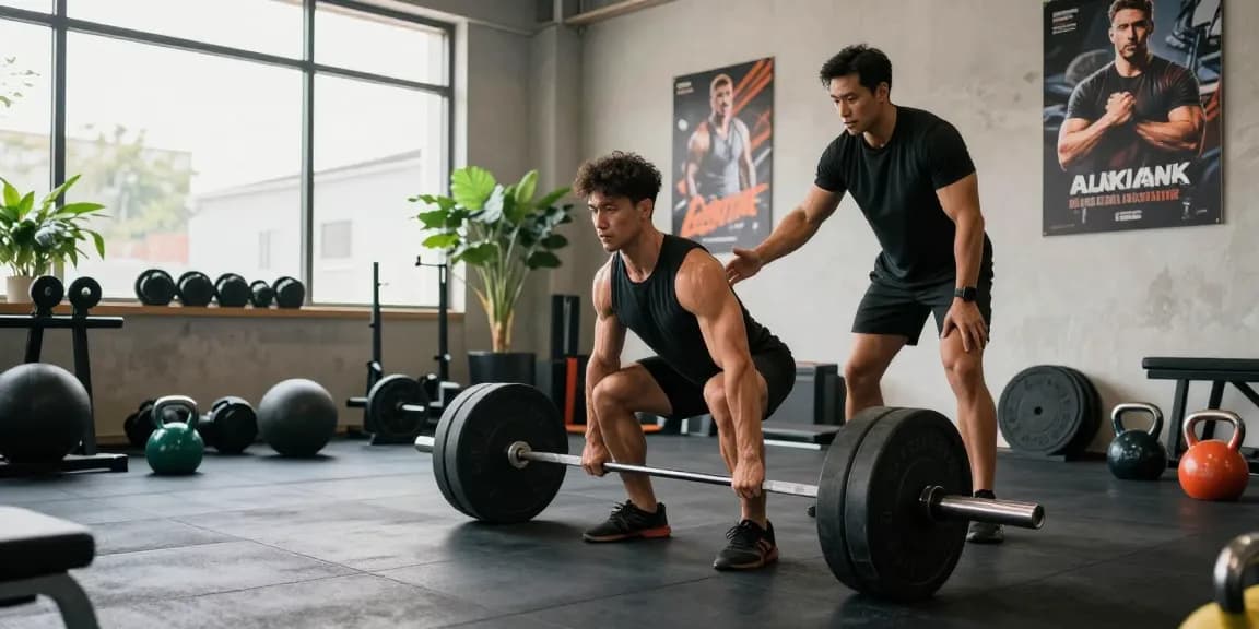 Trainierender Athlet im Selliza Shop Fitnessstudio mit Gewichten und Motivationspostern