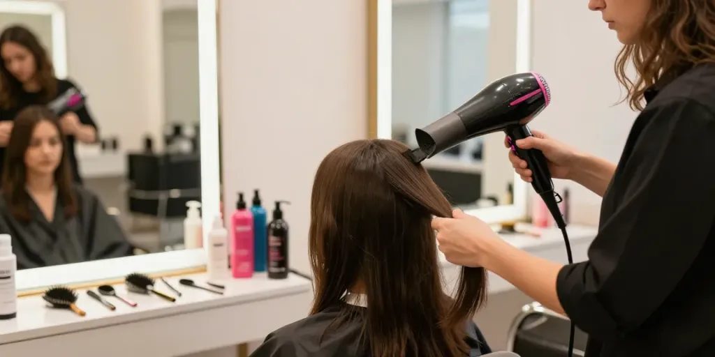 Haartrockner im Test: Professionelle Stylistin trocknet Haare in modernem Salon.
