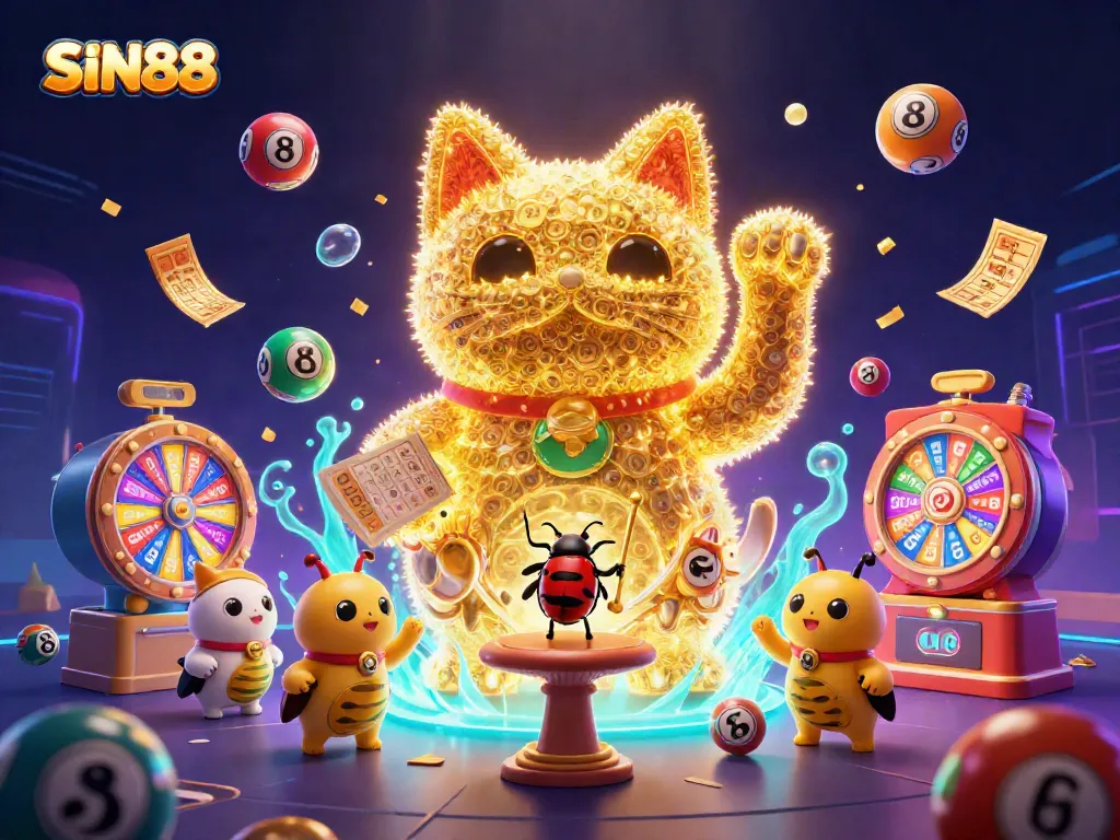 SIN88 showcases a vibrant 3D lucky cat illustration surrounded by dynamic casino symbols, enhancing the gaming experience.