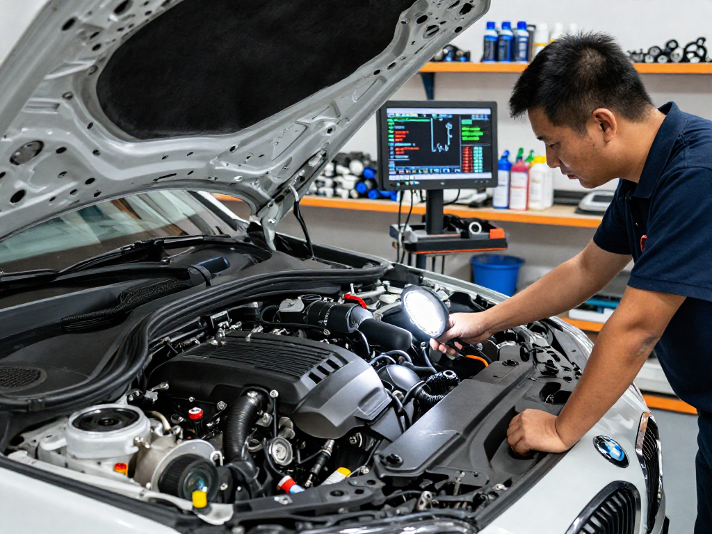 Professionelle BMW Werkstatt Hannover mit einem Mechaniker, der eine präzise Diagnose durchführt.