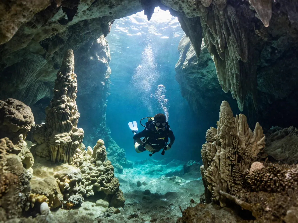 Taucher im klaren Wasser der Cenote Dos Ojos, umgeben von beeindruckenden Stalaktiten und Stalagmiten, erleuchtet von sanftem Licht.
