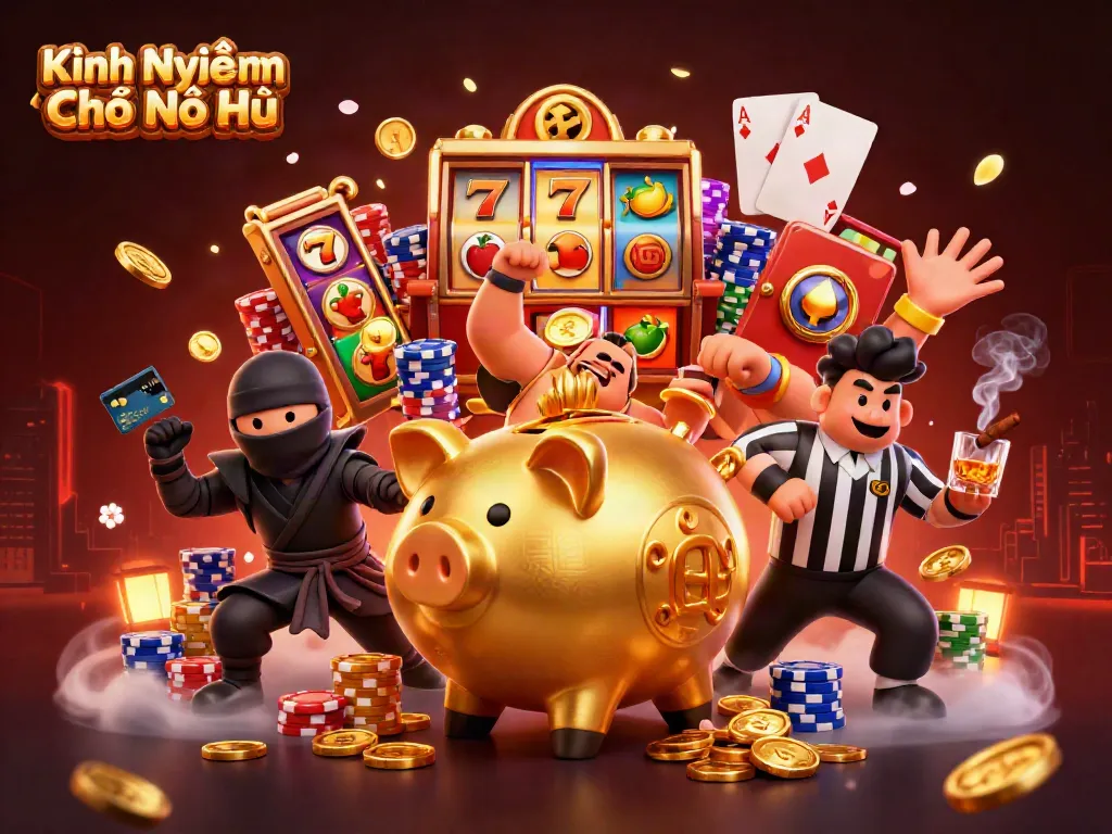 Experience Kinh Nghiệm Chơi Nổ Hũ with iconic gaming elements and characters in a vibrant setting.