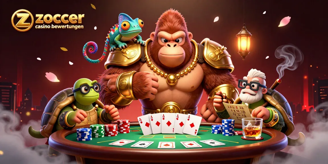 Zoccer casino bewertungen showcases a vibrant scene with a gorilla king and chameleon amidst colorful poker elements.