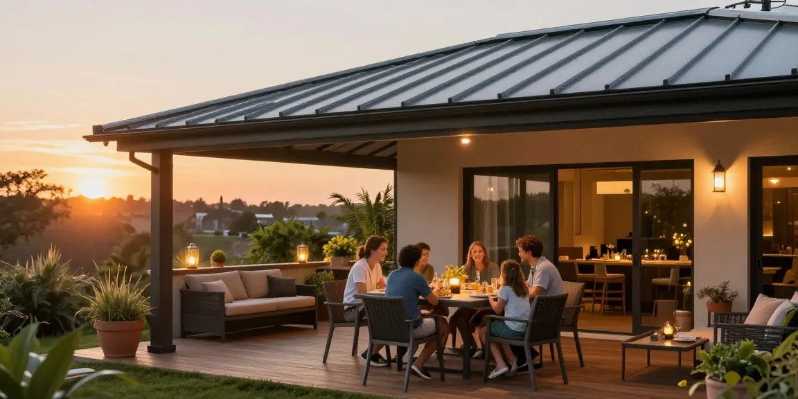 Moderne Terrassenüberdachungen schützen die Familie beim Essen im Freien.