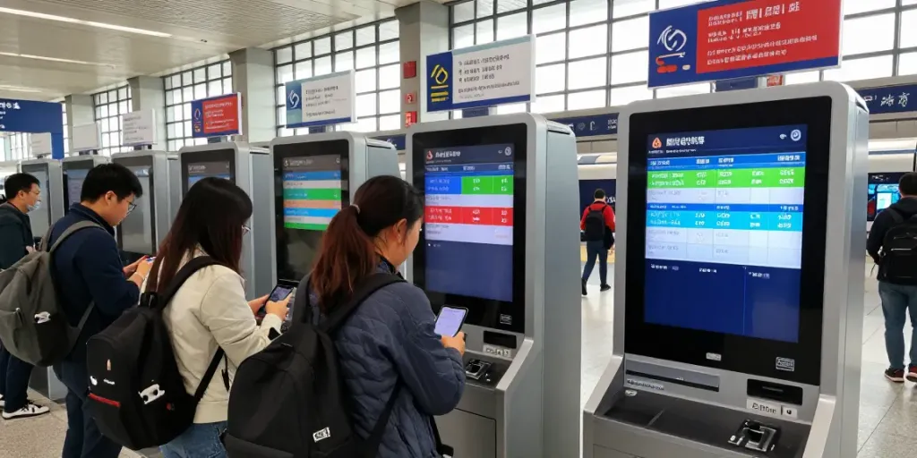 beste Website zum Buchen von Zugtickets in einem modernen Bahnhof, Reisende kaufen Tickets an Kiosken.