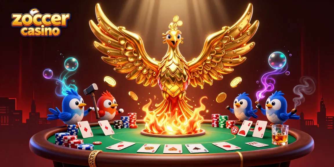 Experience the thrill of zoccer casino with golden phoenixes, poker elements, and vibrant graphics.
