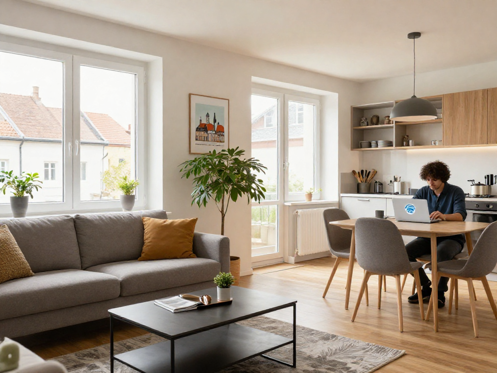 Moderne Monteurwohnung in Hannover mit Wohnbereich, komplett eingerichteter Küche und kostenlosem WLAN.