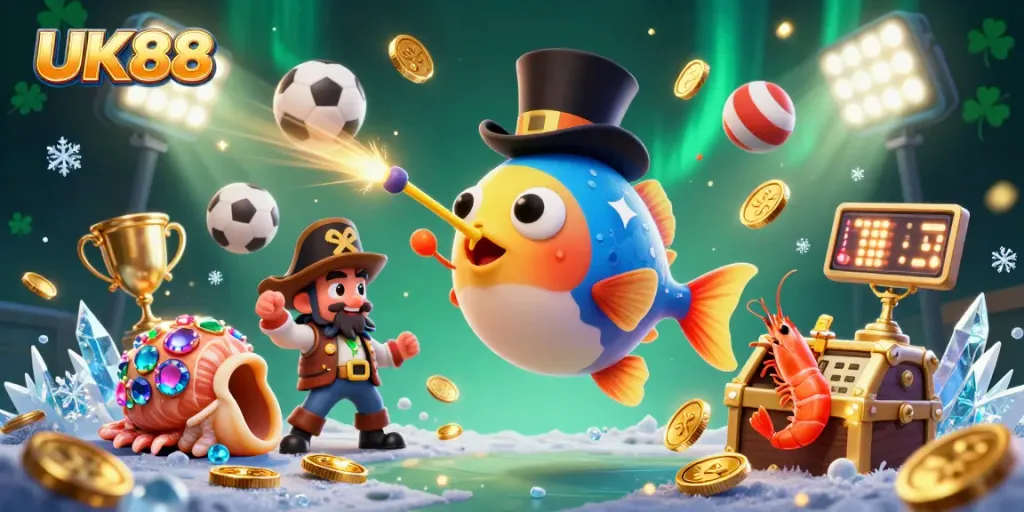Experience the thrills of UK88 with a vibrant 3D illustration of fantasy sea characters attracting winning coins.