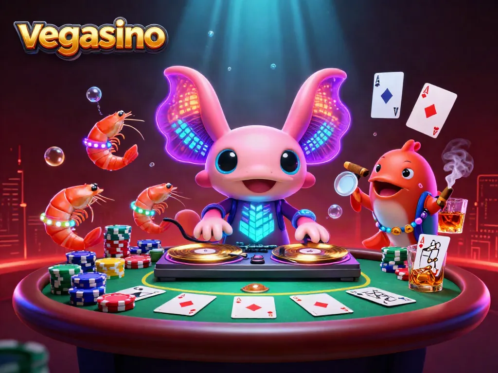 Enjoy vibrant games at vegasino with a DJ axolotl, shrimp dancers, and poker excitement.