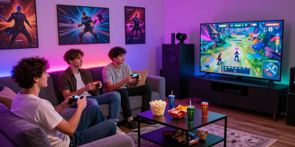 Engaging gaming night scene with friends enjoying rokok88 rtp multiplayer session, vibrant LED lights and snacks visible.