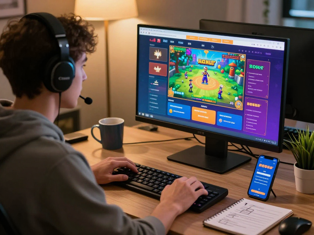Individual engaged in rokok88 daftar betting at a computer desk, vibrant game interface displayed.