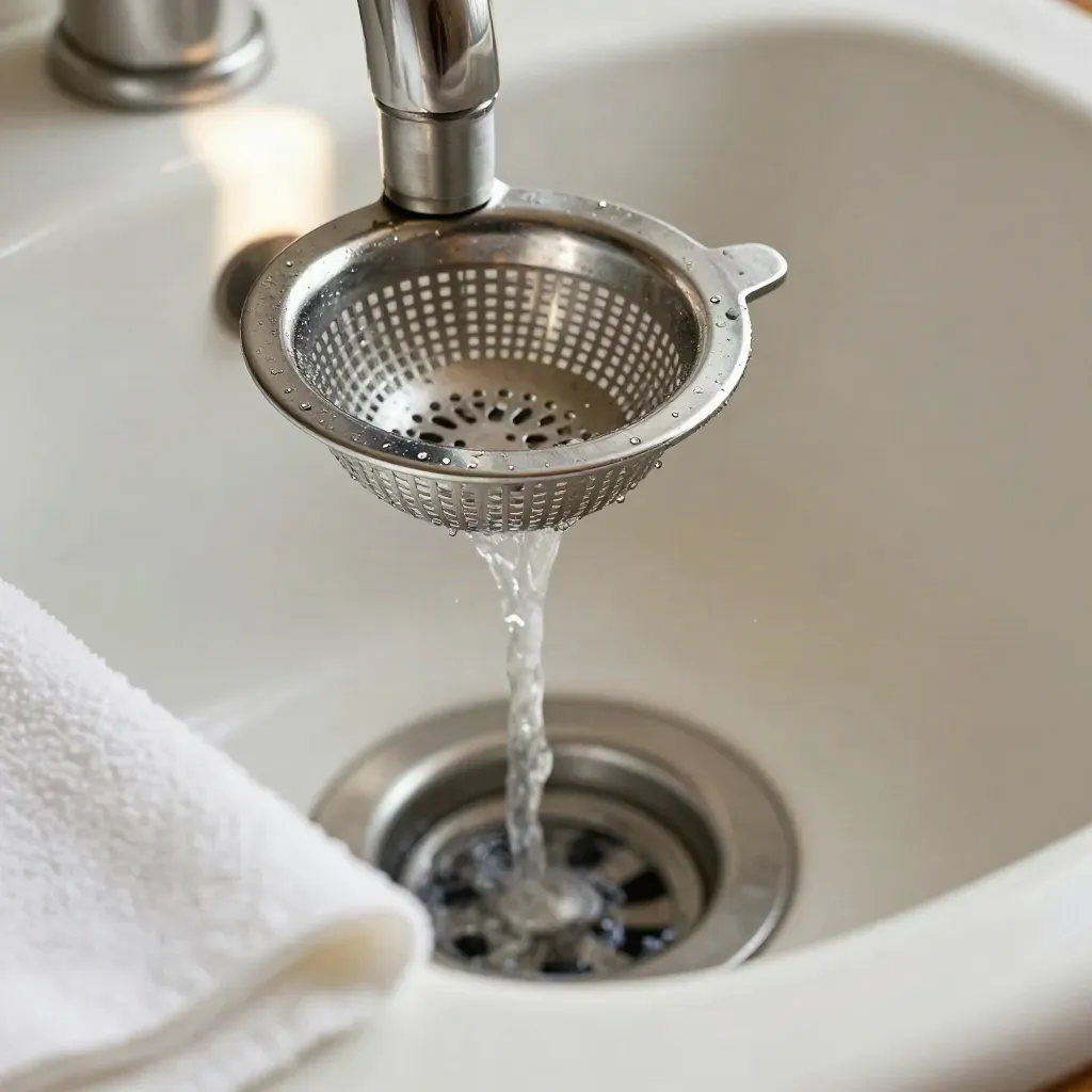 Sauberer Edelstahl-Abfluss in weißem Becken, Wasser verschwindet, leichter Sprühnebel
