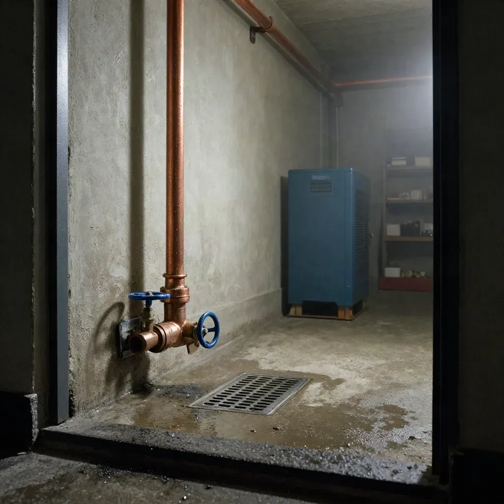 Keller mit Kupferrohren, neuem Ventil und Trocknungsgerät nach abgedichteter Leckage.