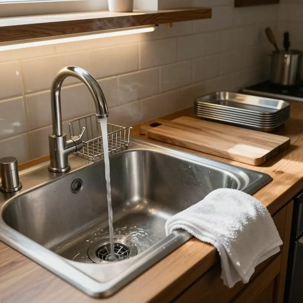 Edelstahl-Prep-Sink im Bistro mit laufendem Wasser, trockenen Flächen und warmem Dampflicht