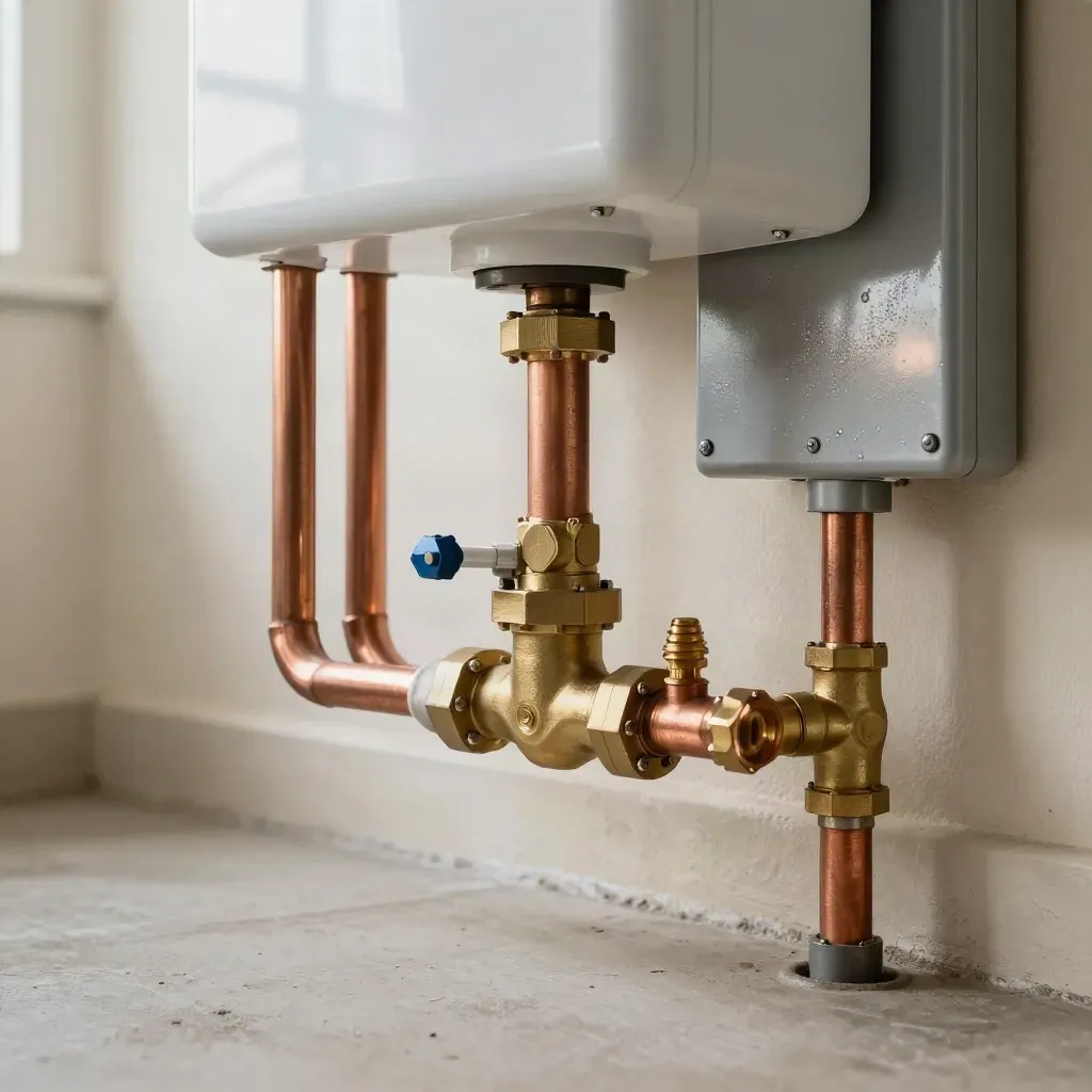 Geprüfter Boileranschluss mit Kupferrohren, Ventilblock und trockener Dämmung im Technikraum