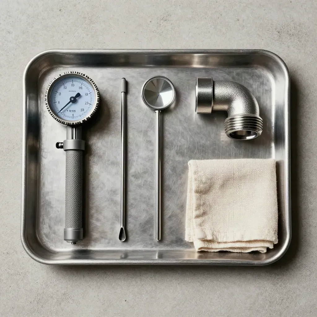 Feuchtigkeitsmessgerät, Inspektionslampe und Rohrbogen auf Metallwanne von oben