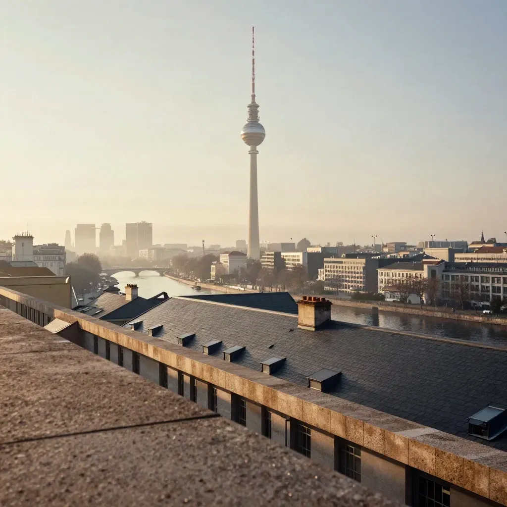 Fernsehturm über den Dächern von Berlin-Mitte im warmen Morgennebel.