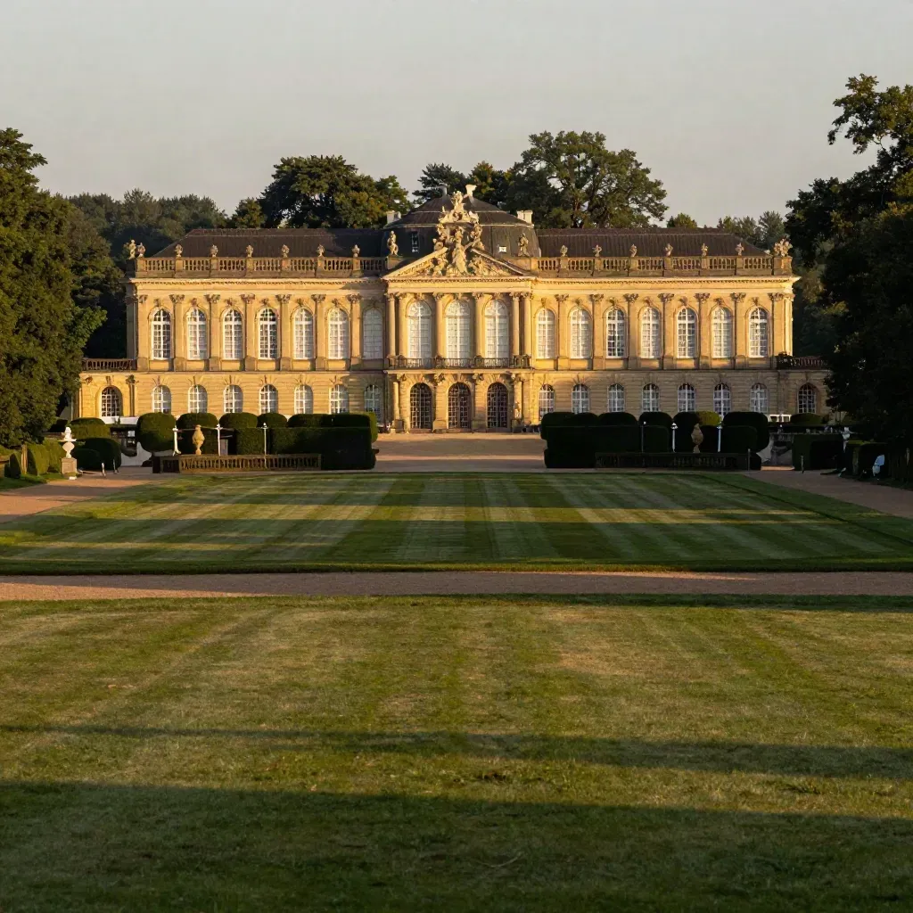 Schloss Sanssouci über ruhigem Rasen in goldenem Abendlicht, Potsdam