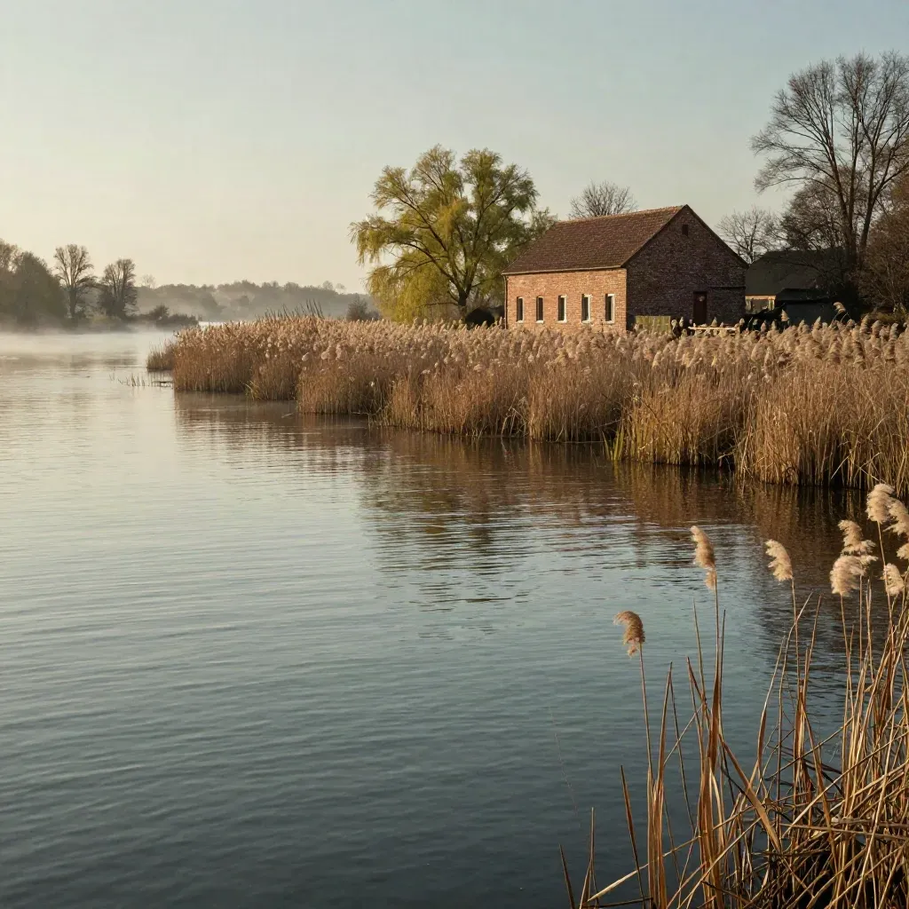 Stiller Havelufer mit Schilf und kleinem Backsteinbau im warmen Abendlicht