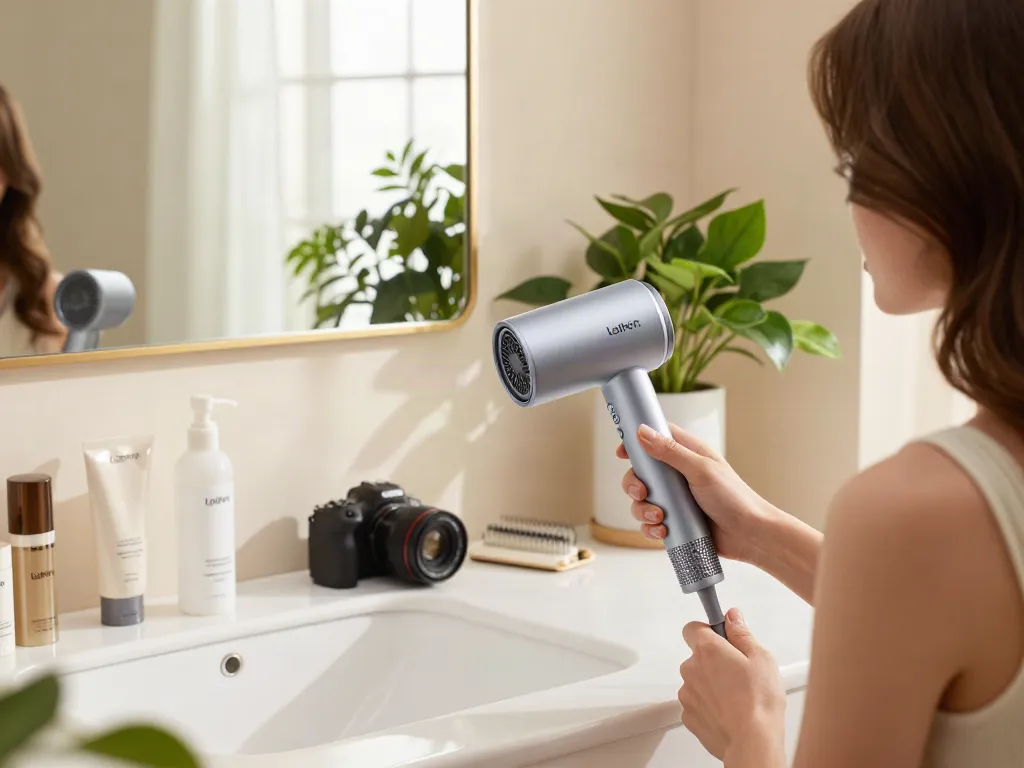 Moderne Badezimmeransicht mit stylish laifen Föhn und luxuriösen Haarkosmetikprodukten, die eine angenehme Atmosphäre schaffen.