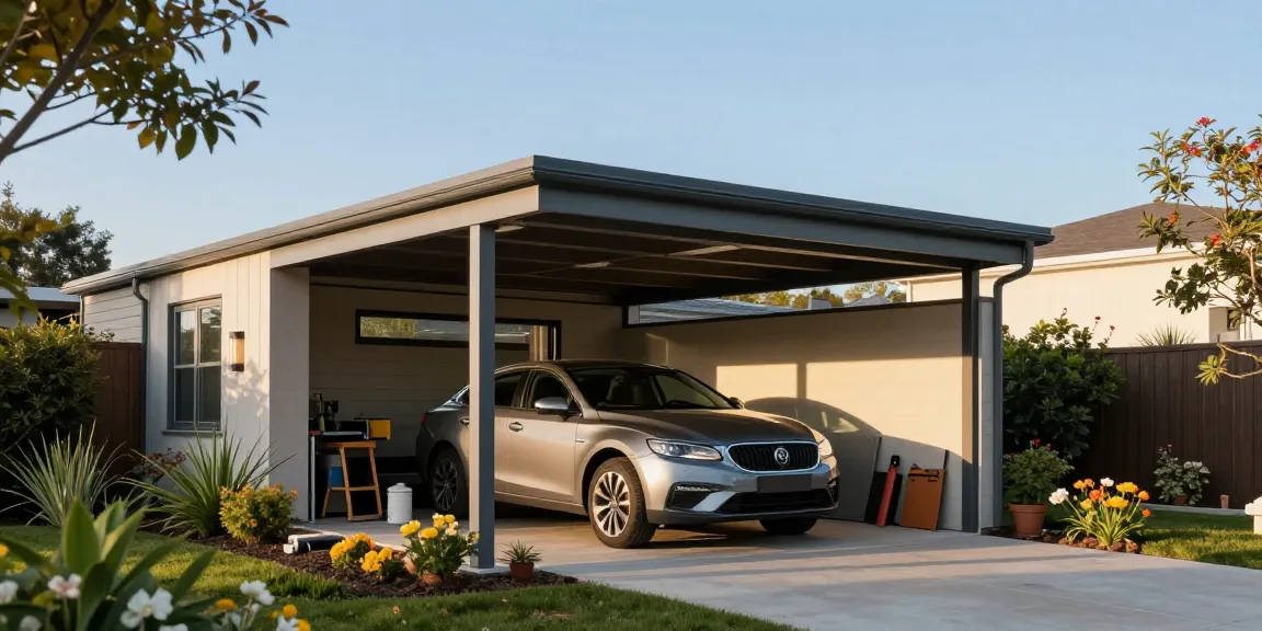 Moderne Carport mit Auto in blühendem Garten, funktional und ästhetisch.