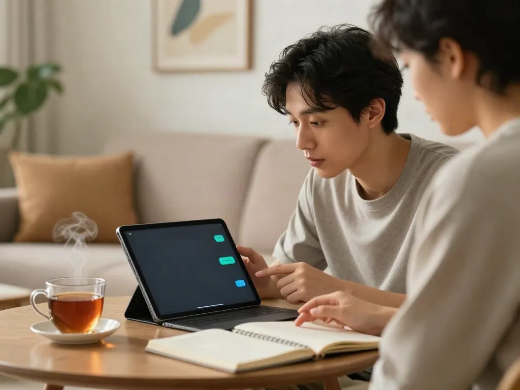 Enjoying a free AI sex chat on a tablet in a cozy living room, emphasizing engagement.