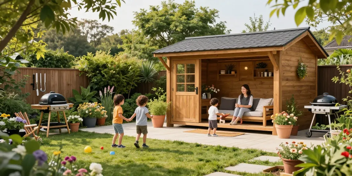 Wunderschönes Gartenhaus umgeben von Blumen und Familie, ideal für entspannte Außenzeiten.