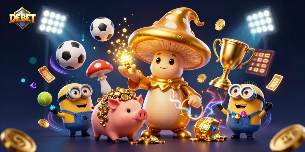 Experience the excitement of DEBET’s gaming world with dynamic scenes of sports betting, featuring magical characters and vibrant elements.