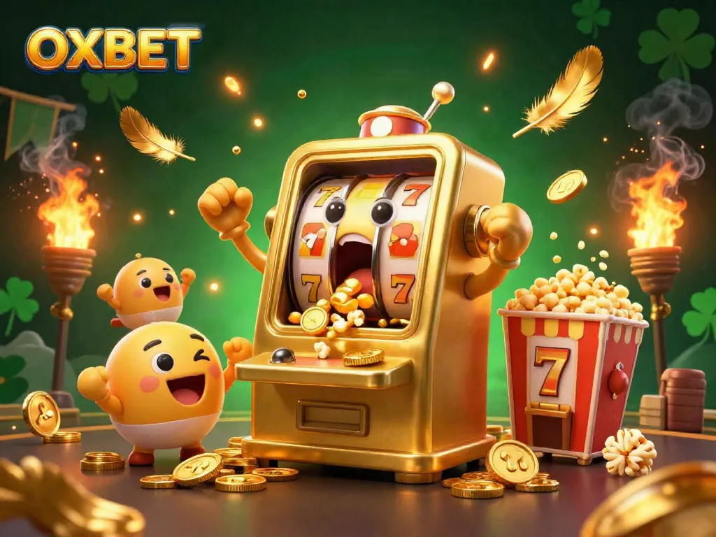 Experience the vibrant OXBET slot machine jackpot celebration with cheering baby machines and gold coins.