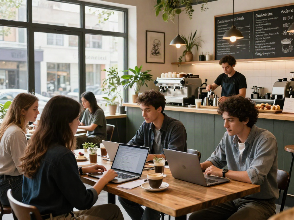 Engaging café scene featuring friends enjoying rokok88 drinks, laptops, and creative discussions in a warm atmosphere.
