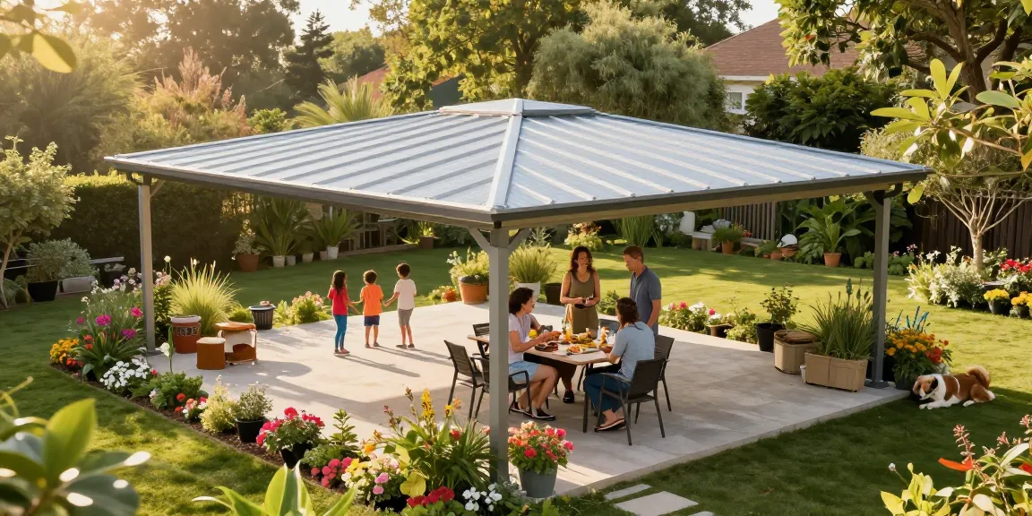 Freistehende Terrassenüberdachung in einem Garten mit Familie beim Grillen