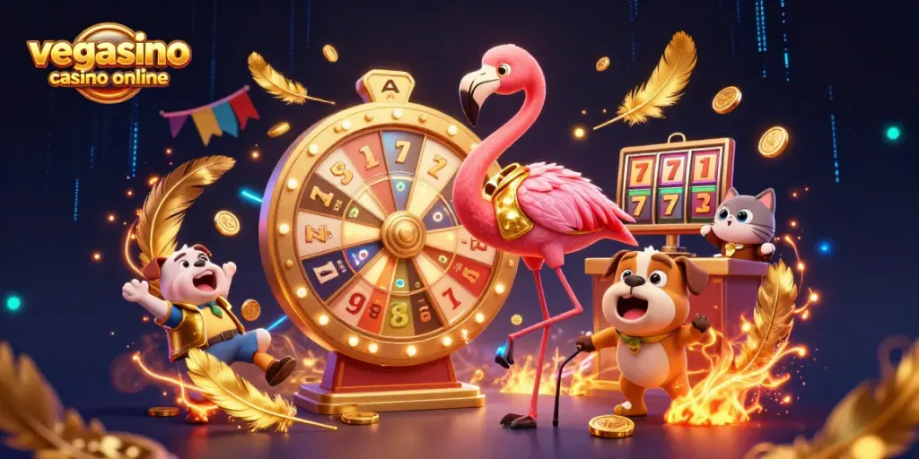 Spin the giant prize wheel at vegasino casino online with the flamingo host, bulldog contestant, and scoreboard cat assistant.