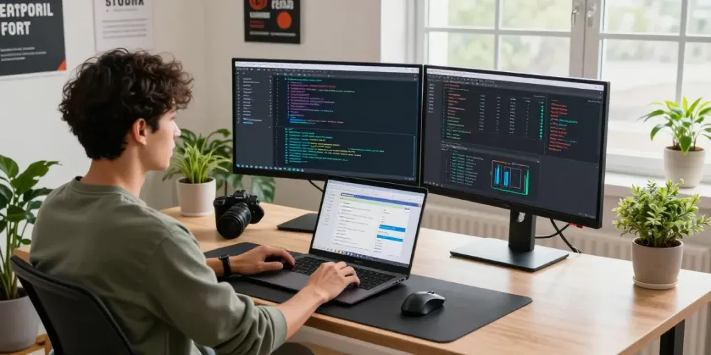 rokok88 link login in a modern tech workspace with dual monitors and coding setup