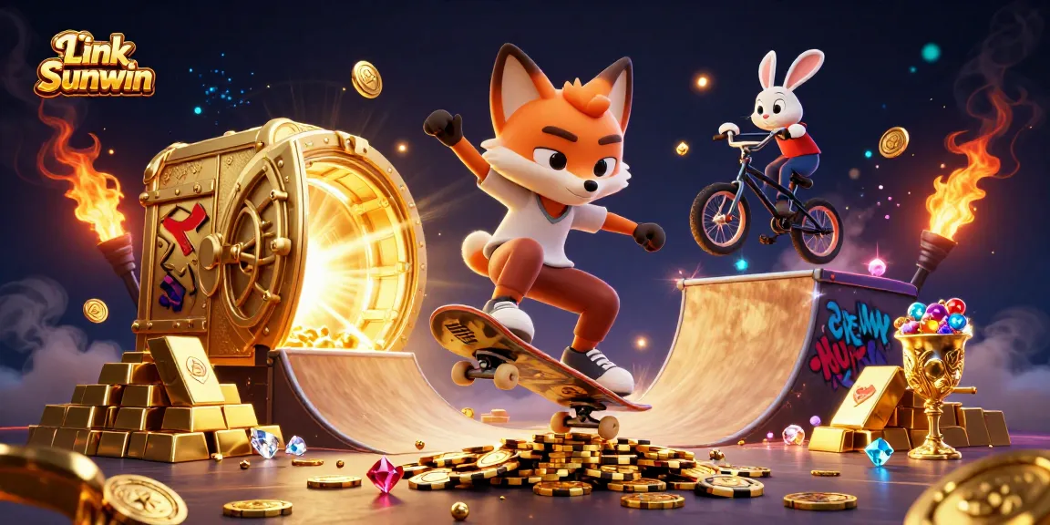 Win big with Link Sunwin in this vibrant 3D illustration of casino-themed characters and treasures.